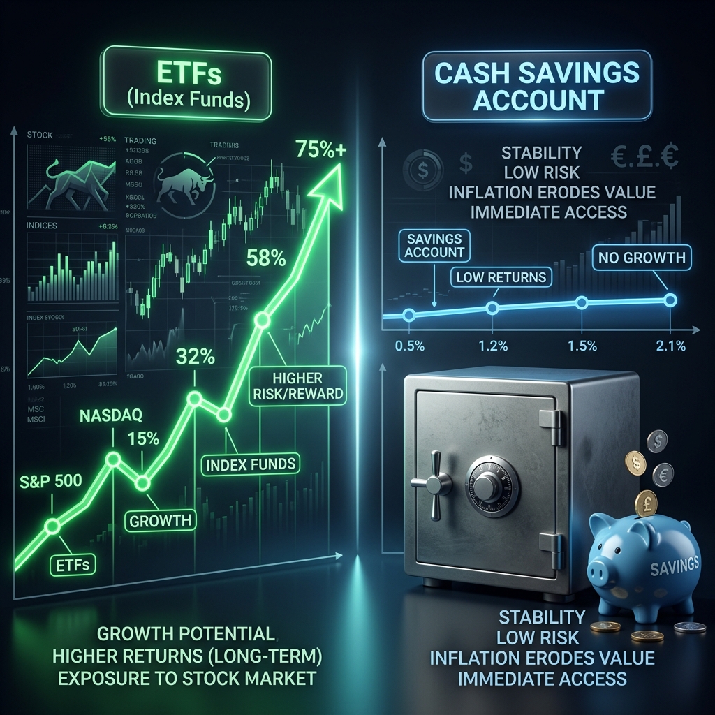 Exchange Traded Funds (ETFs) index curve versus traditional savings account piggy bank