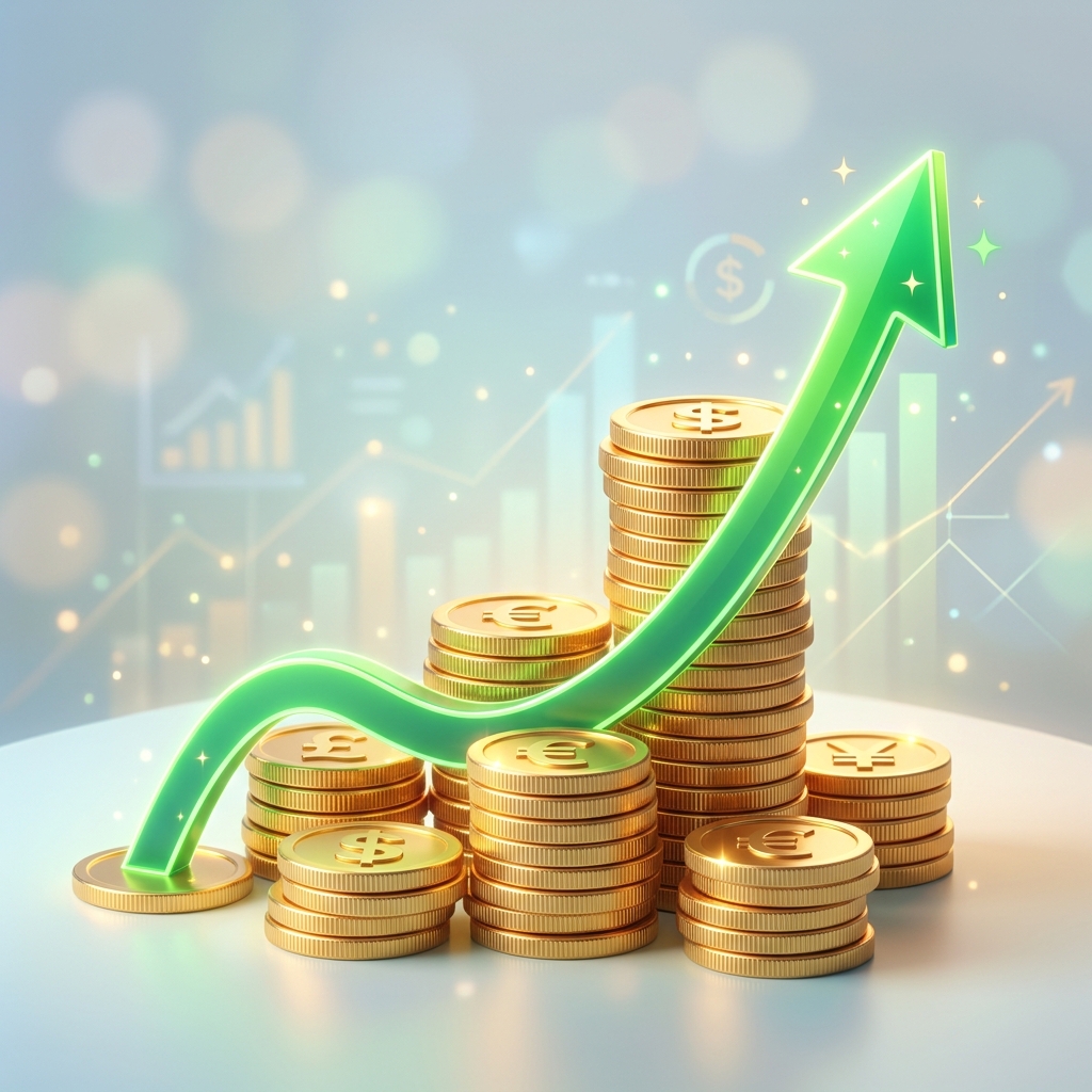 Stacked gold coins with a rising green growth curve