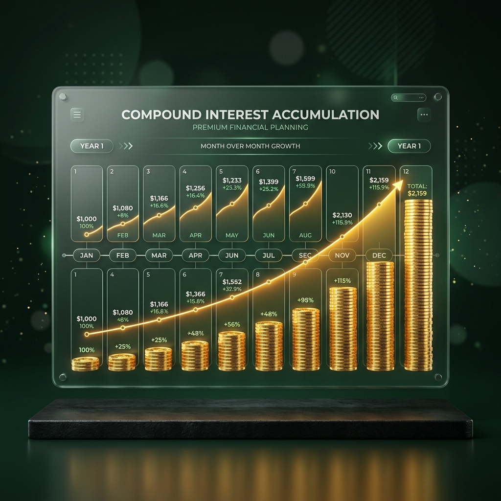 Monthly calendar sheet and gold coin stacks compounding
