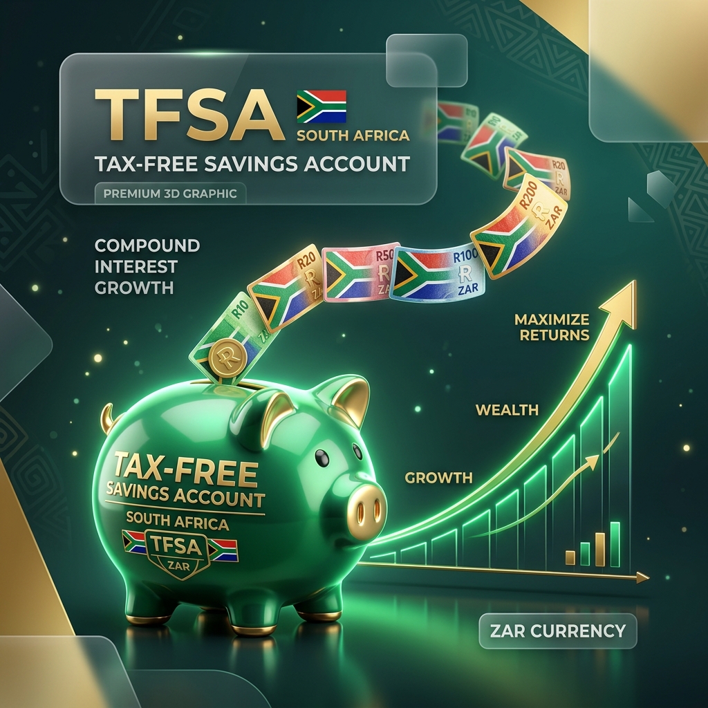 Tax-free savings account South Africa piggy bank with ZAR banknotes and compound interest chart